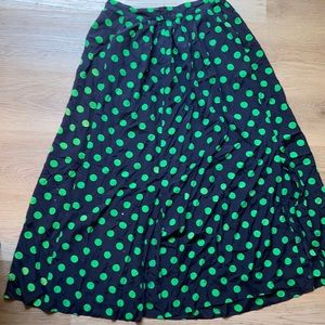 Vintage Pleated Navy Skirt with Green Polka Dots